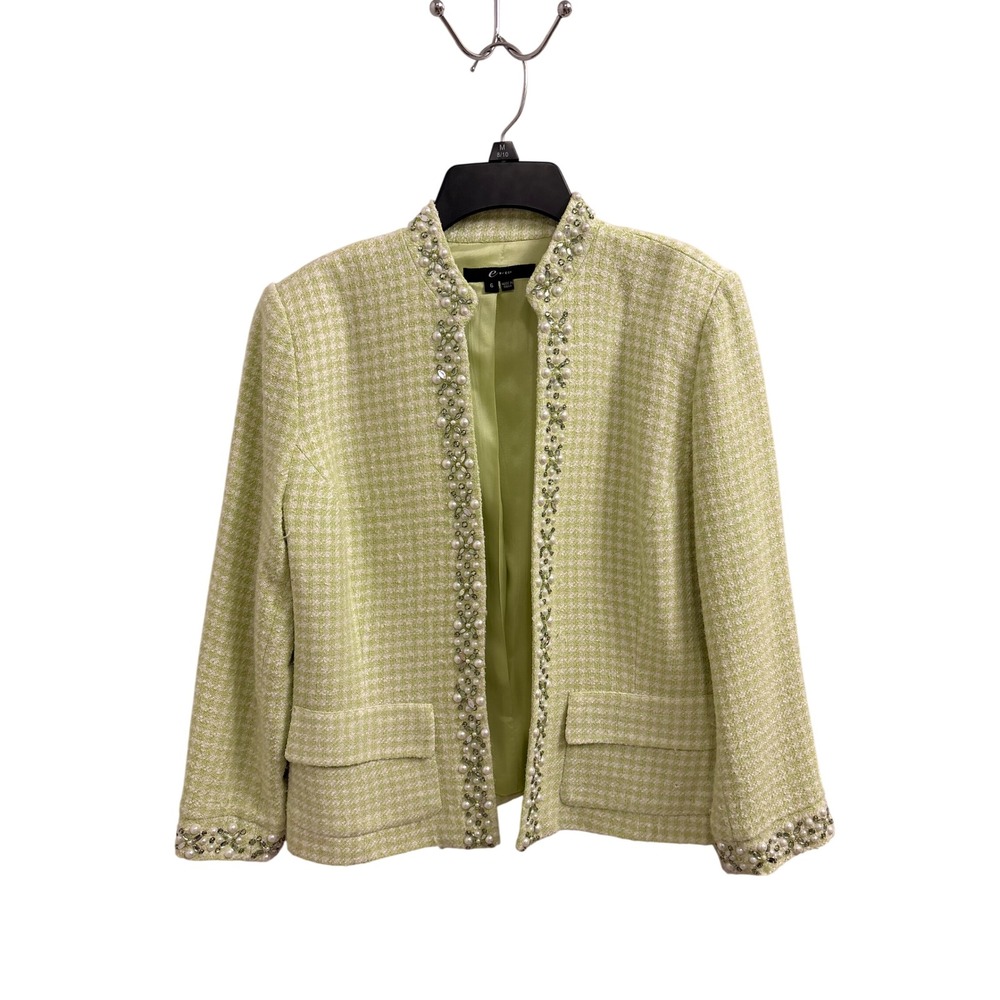 Blazer Houndstooth Tweed Old Money E BY ECI Women 6 Lime Green Pearl Beaded Silk